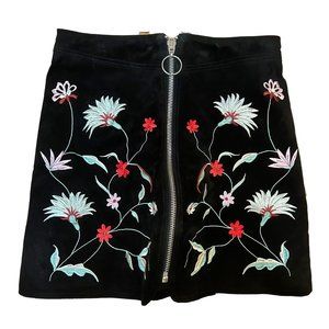 Zara Black Suede Leather Mini Skirt w/ Embroidered Flowers Size Small